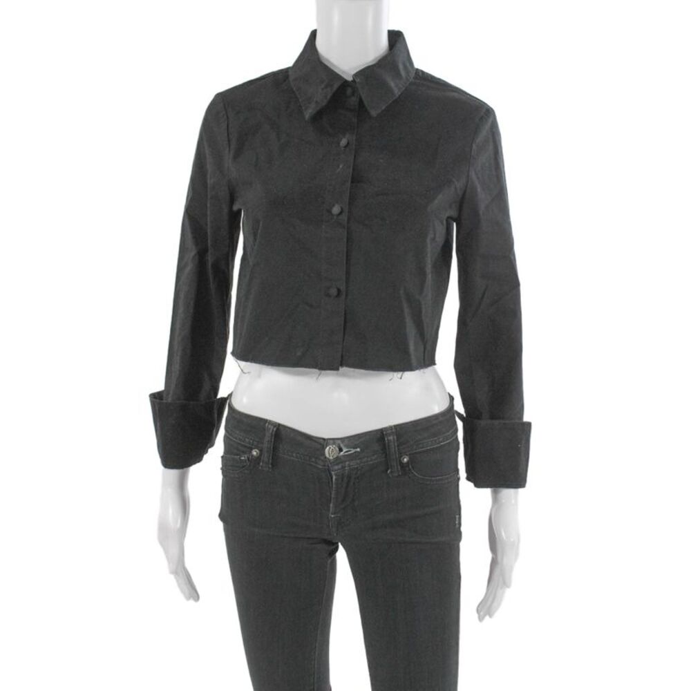 Choosy Women Cropped Black Cotton Collared Long Sleeve Button-Up Top Size S
